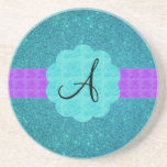 Turquoise glitter monogram drink coaster