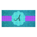 Turquoise glitter monogram personalized photo card