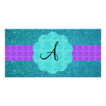 Turquoise glitter monogram personalized photo card