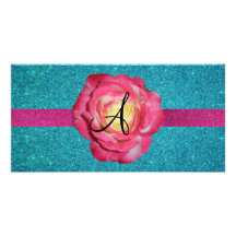 Turquoise glitter monogram pink rose custom photo card