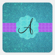 Turquoise glitter monogram square sticker