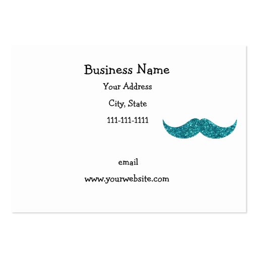 Turquoise glitter mustache business cards (front side)