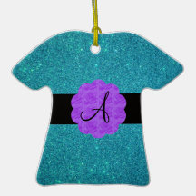 Turquoise glitter purple roses monogram christmas tree ornament