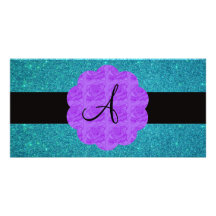 Turquoise glitter purple roses monogram picture card