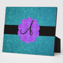 Turquoise glitter purple roses monogram display plaque