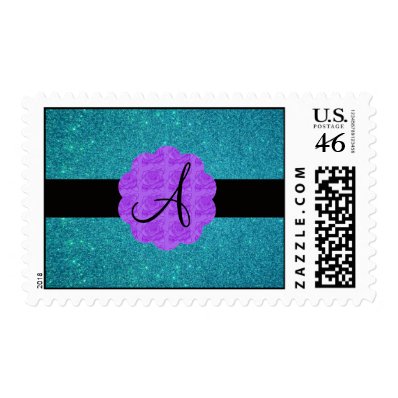 Turquoise glitter purple roses monogram postage