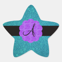 Turquoise glitter purple roses monogram star sticker