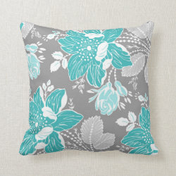 Turquoise Gray White Floral Decorative Pillow