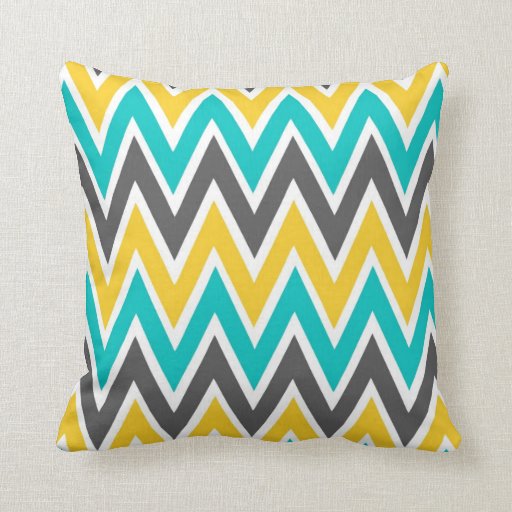 Turquoise Gray Yellow Gold Chevron Throw Pillow