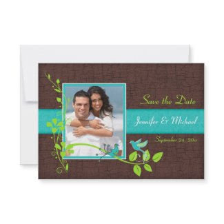 Turquoise Green Brown Crackle Save the Date Card invitation