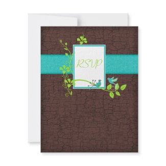 Turquoise Green Brown Floral Birds Reply Card invitation