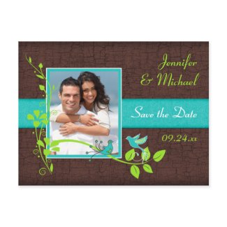 Turquoise Green Brown Floral Birds Save the Date postcard