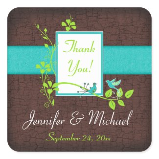 Turquoise Green Brown Floral Birds Wedding Favor sticker