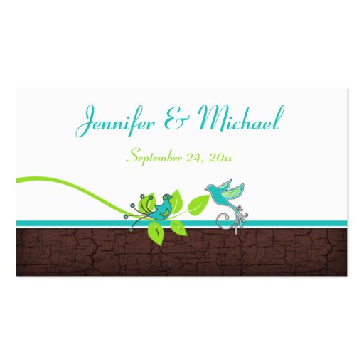 Turquoise Green Brown White Floral Birds Favor Tag Business Cards (front side)