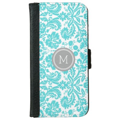 Turquoise Grey Damask Pattern Monogram Wallet Phone Case For iPhone 6/6S