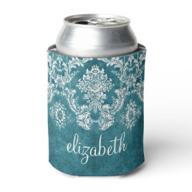 Turquoise Grungy Damask Pattern Custom Text Can Cooler