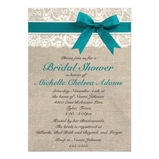 Turquoise Lace Burlap Bridal Shower Invitation