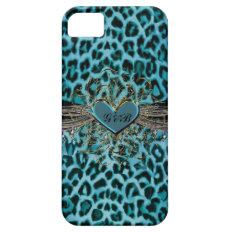 Turquoise Leopard and Heart Monogrammed Case iPhone 5 Case