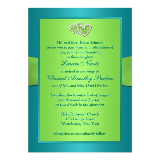 Turquoise, Lime Floral Joined Hearts Invitation