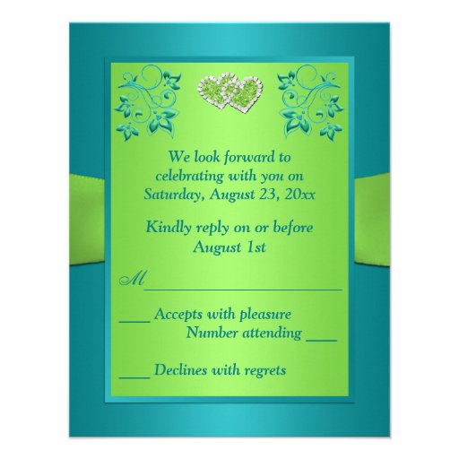 Turquoise, Lime Floral Joined Hearts RSVP Card