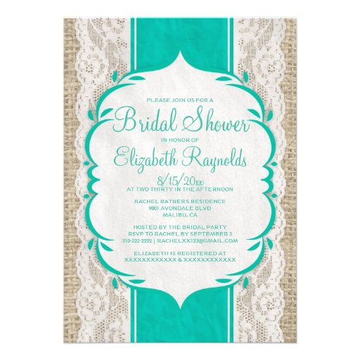 Turquoise Linen Burlap Lace Bridal Shower Invites