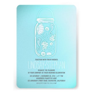 Turquoise mason jar beach wedding invitations custom announcement