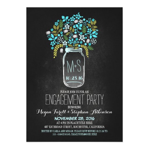 turquoise mason jar chalkboard engagement party card