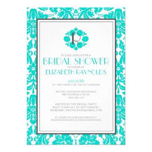 Turquoise Monogram Damask Bridal Shower Invitation