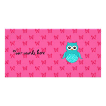 Turquoise owl pink butterflies photo card