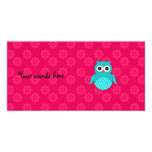 Turquoise owl pink flowers customized photo card
