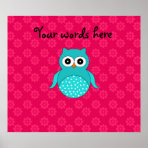 Turquoise owl pink flowers poster