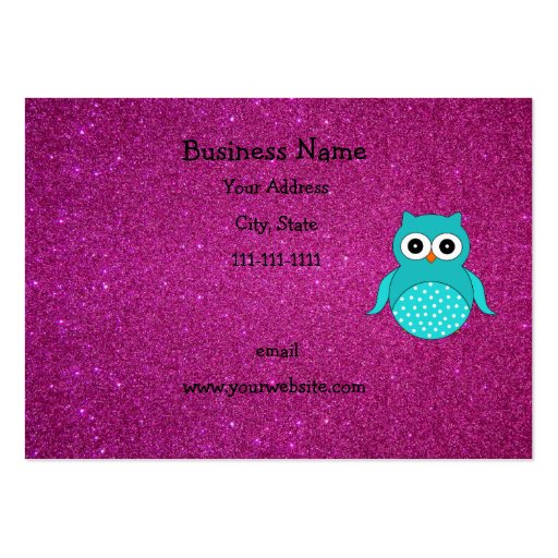 Turquoise owl pink glitter business card templates (front side)