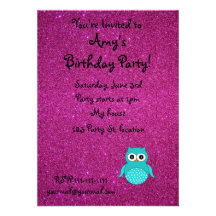Turquoise owl pink glitter personalized invitations