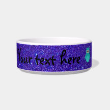 Turquoise owl purple glitter cat water bowl
