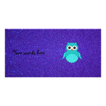 Turquoise owl purple glitter photo card