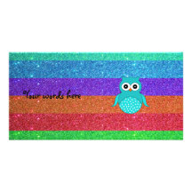 Turquoise owl rainbow glitter custom photo card