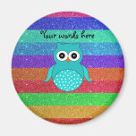 Turquoise owl rainbow glitter fridge magnet