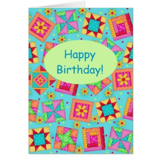 Turquoise Patchwork Quilt Block Art Happy Birthday Card