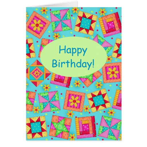 Turquoise Patchwork Quilt Block Art Happy Birthday Greeting Card Zazzle