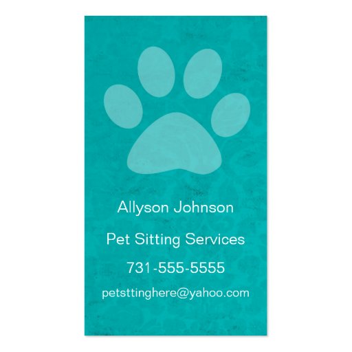 Turquoise Paw Print Pet Sitting Business Cards (front side)