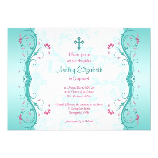 Turquoise Pink Floral Confirmation Invitation