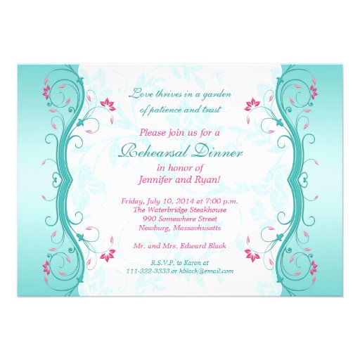 Turquoise Pink Floral Rehearsal Dinner Invitation