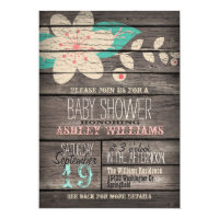 Turquoise & Pink Flower, Rustic Wood Baby Shower Card