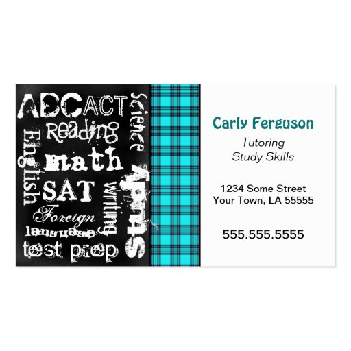 Turquoise Plaid, Grunge Chalkboard Business Card (front side)