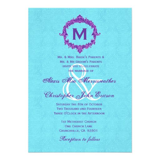 Turquoise Purple Vintage Monogram Wedding V022 Custom Invite