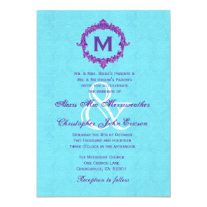 Turquoise Purple Vintage Monogram Wedding V022 5x7 Paper Invitation Card
