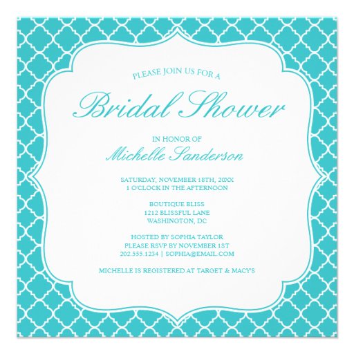 Turquoise Quatrefoil Bridal Shower Announcements