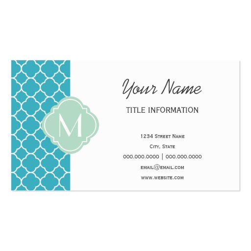 Turquoise Quatrefoil Pattern with Monogram Business Cards (front side)