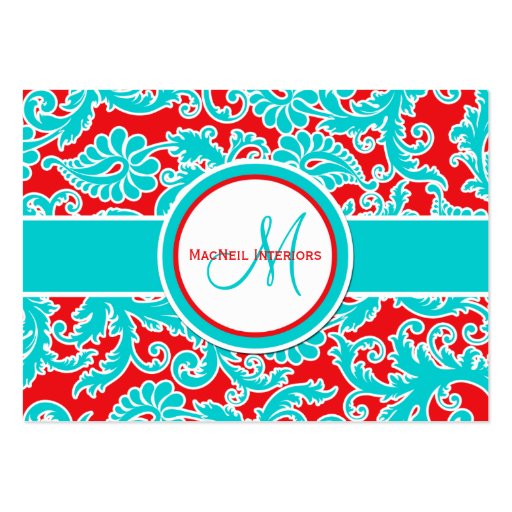 Turquoise, Red, and White Damask Business Card (front side)
