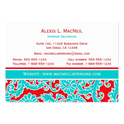 Turquoise, Red, and White Damask Business Card (back side)